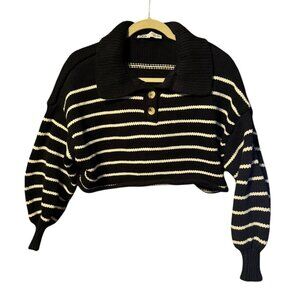 Zara navy and white striped over sized bulky chunky knit cropped sweater